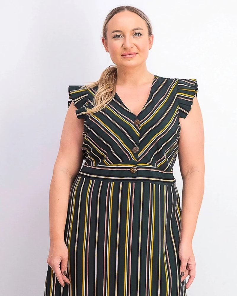 Front of a model wearing a size 1X Monteau Women's Plus Size Ruffle-Sleeve Fit & Flare Dress Green Size 1X in Green by Monteau. | dia_product_style_image_id:313421